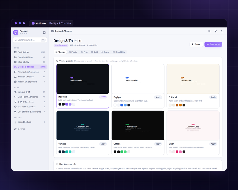 Rostrum — Investor Pitch Deck — Design Themes