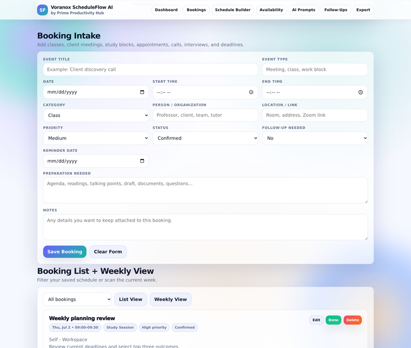 Booking intake form and filterable booking list