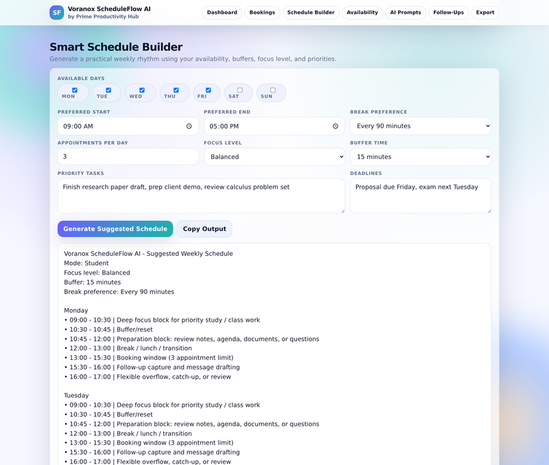 Smart Schedule Builder with generated time-blocked plan
