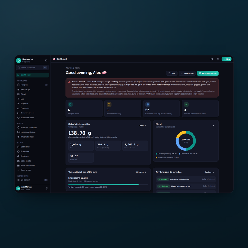 Soapworks — dashboard, dark theme