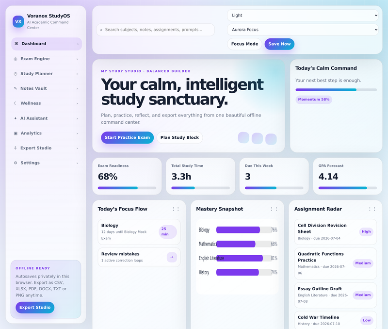 Dashboard overview: exam readiness, study time, GPA forecast, focus flow