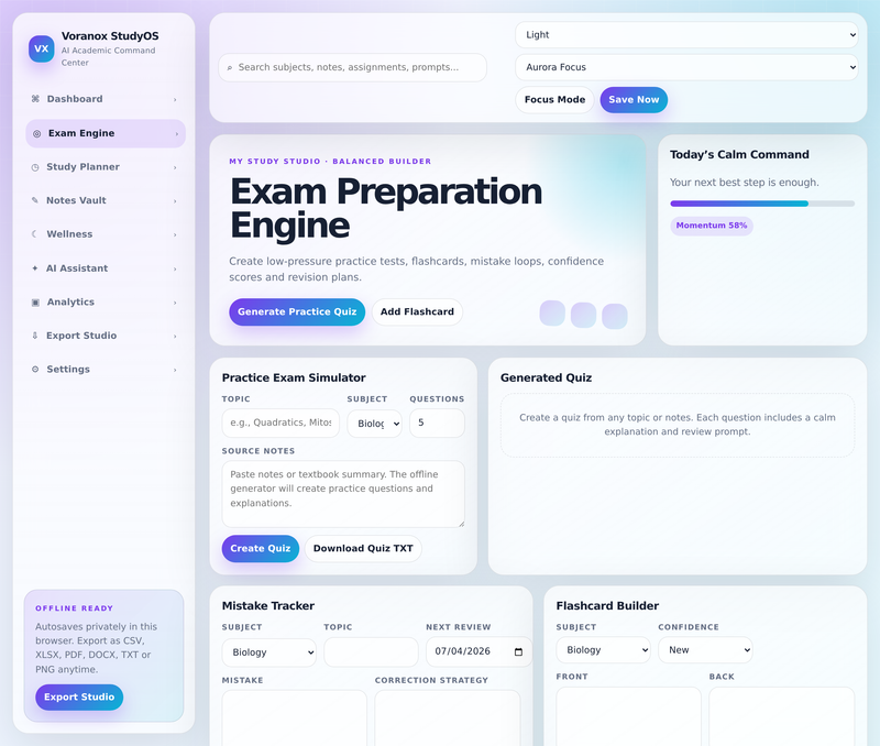 Exam Preparation Engine: practice simulator, quiz generator, mistake tracker, flashcards