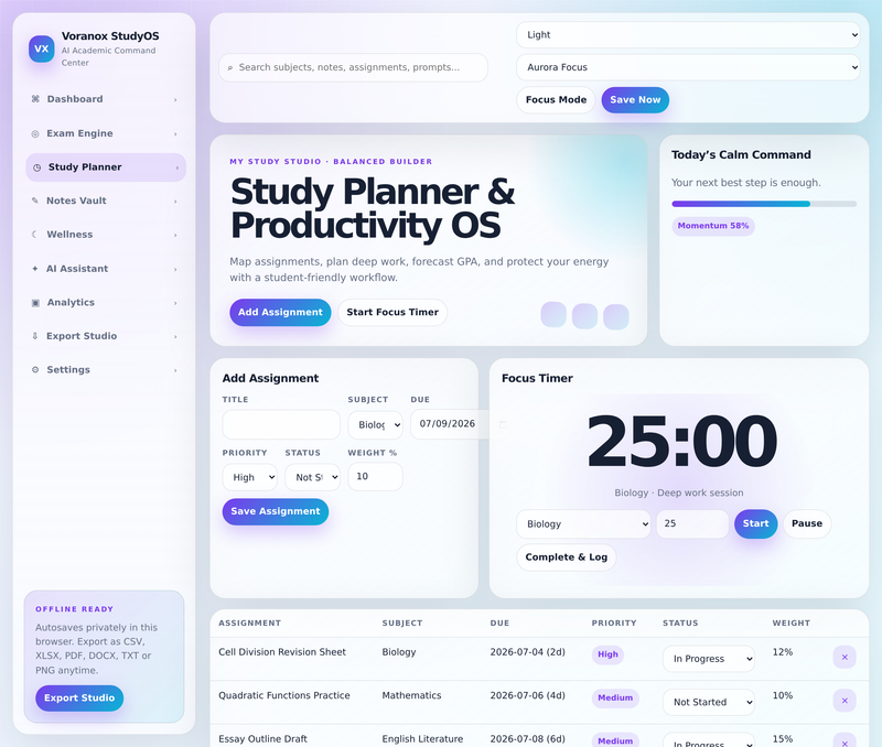 Study Planner with Pomodoro focus timer and prioritized assignments