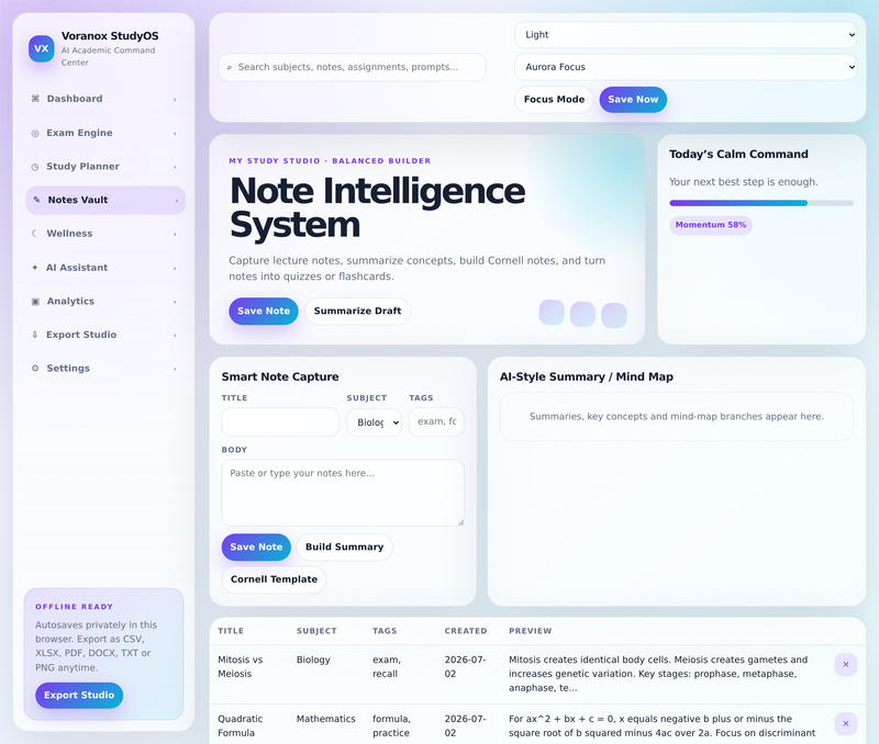 Note Intelligence System with Cornell template and AI-style summaries