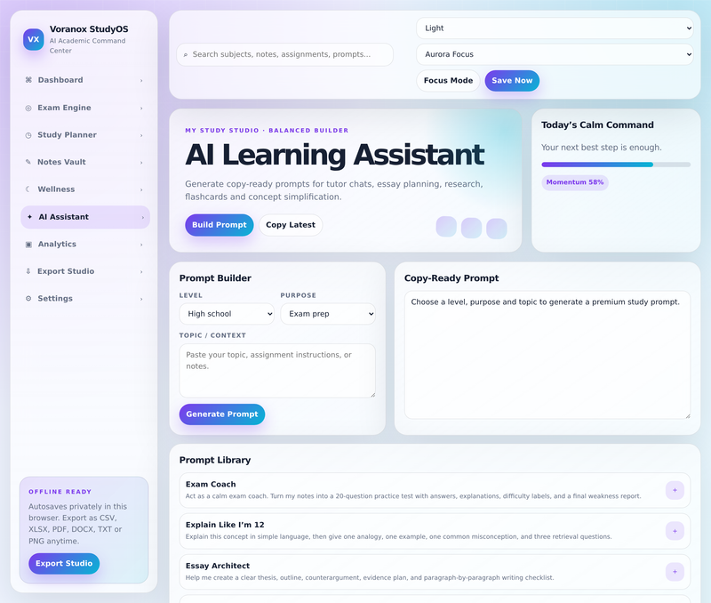 AI Learning Assistant prompt builder and prompt library