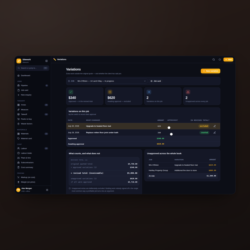 Sitework variations in dark mode: approved extras counted, unapproved listed separately as risk