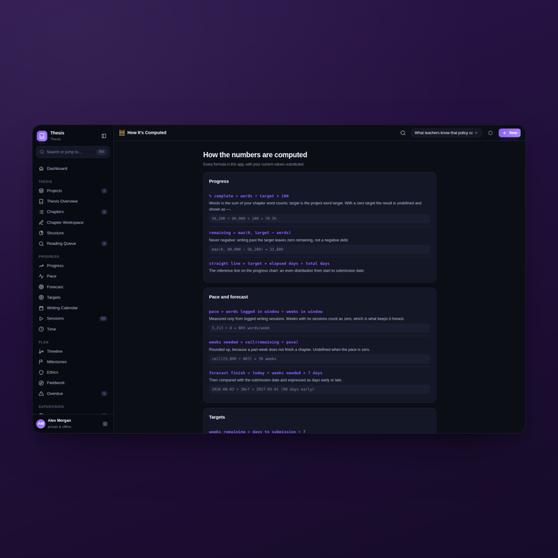 Thesis How It's Computed in dark mode: inputs, formula and result for every figure the app reports