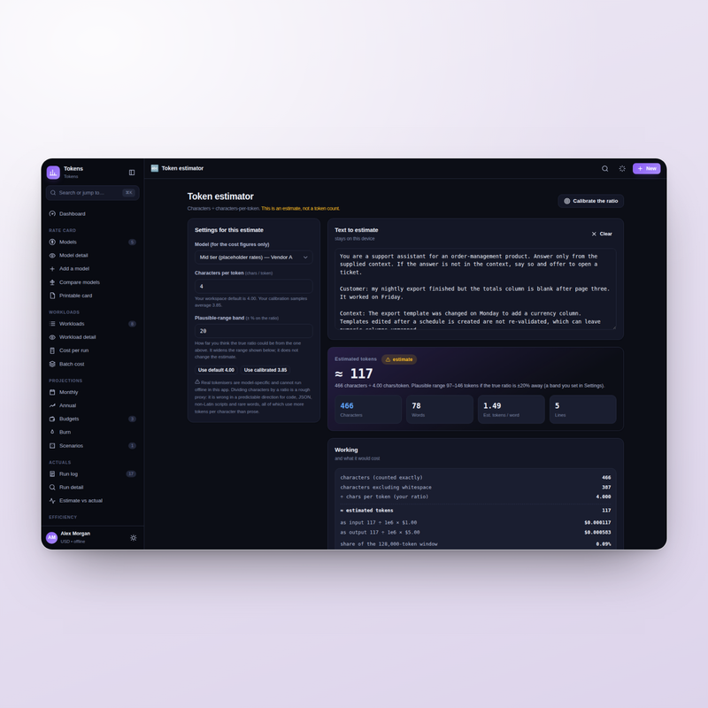 Token estimator, labelled an estimate with an editable chars-per-token ratio