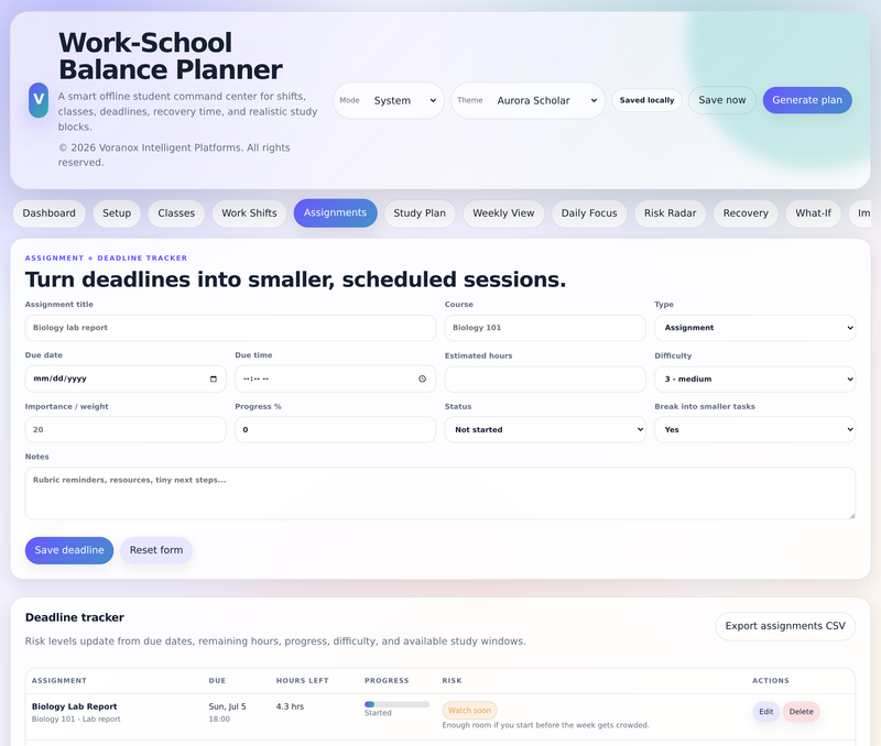 Assignment and deadline tracker with risk labels