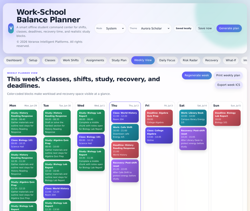 Color-coded weekly calendar of classes, shifts, study, and recovery